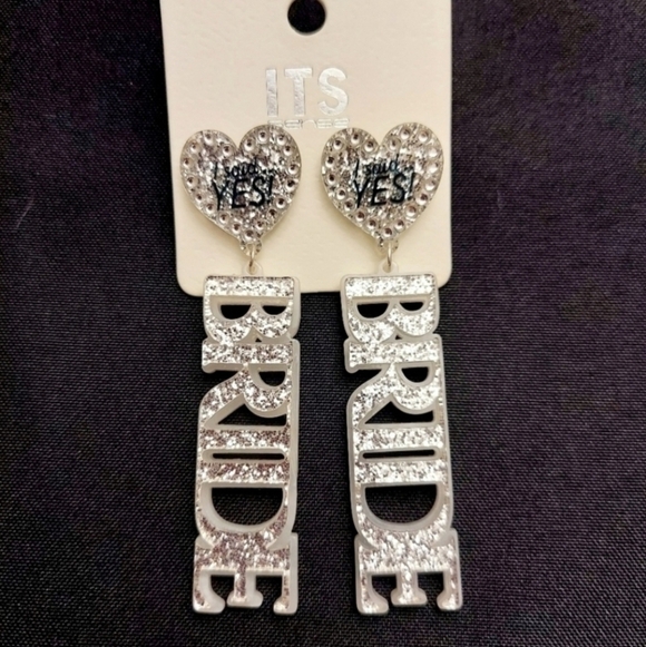 Bride Jewelry - NEW "BRIDE" Silver Glitter Acrylic 3in Long Dangle Earrings